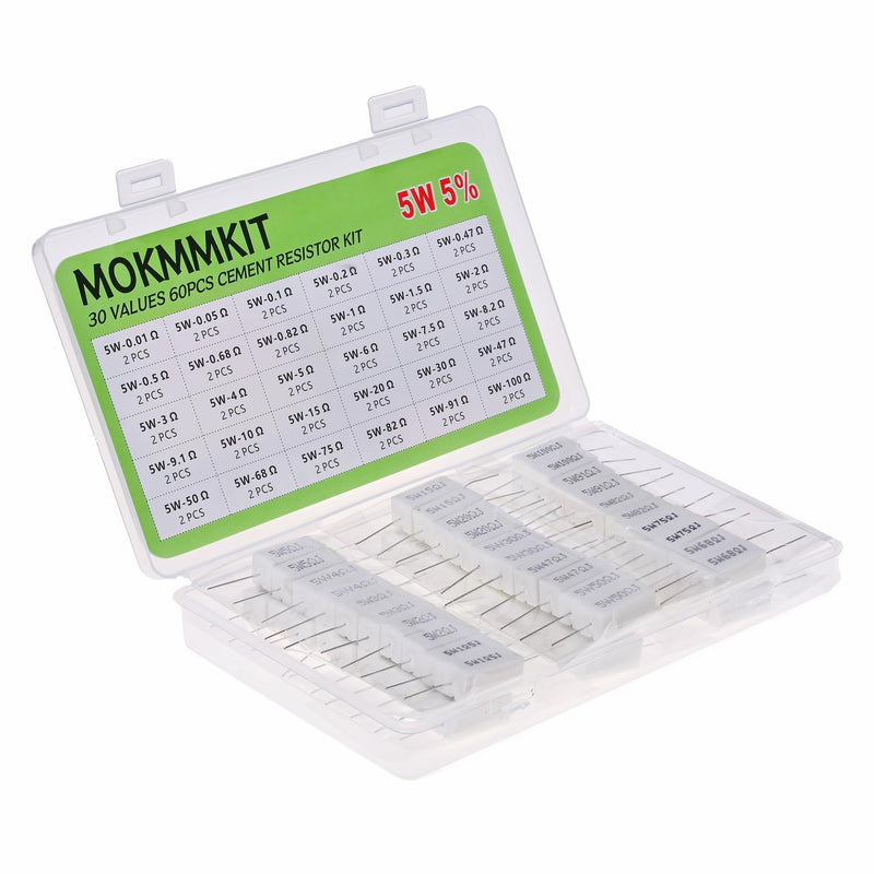 [Australia - AusPower] - 30 Values 60 Pieces Ceramic Cement Resistor KIT 5W Resistance 5 Watt ±5% Power Resistors (0.01 Ohm - 100 Ohm) 0.01Ω-100Ω 60 PCS 