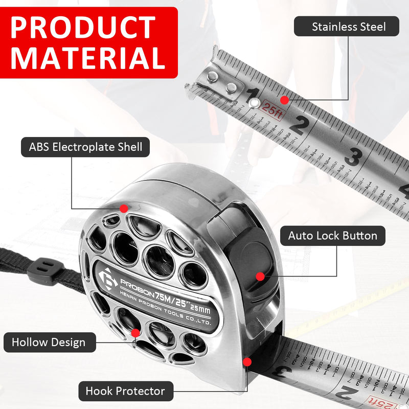 [Australia - AusPower] - Tape Measure 25'FT Foot/7.5M Stainless Steel Retractable Measuring Tape Double Side Scale Handy Measurement Tape for Construction Household Woodworking (1) 1 