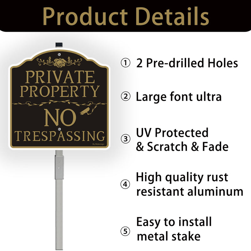 No Trespassing Private Property Sign (2Pack), 12" x 12" x 0.04" Aluminum Sign &35.5" Metal Stakes Included, Resistant to Harsh Weather, No Fading and Easy to Install. 2 Pack with stake