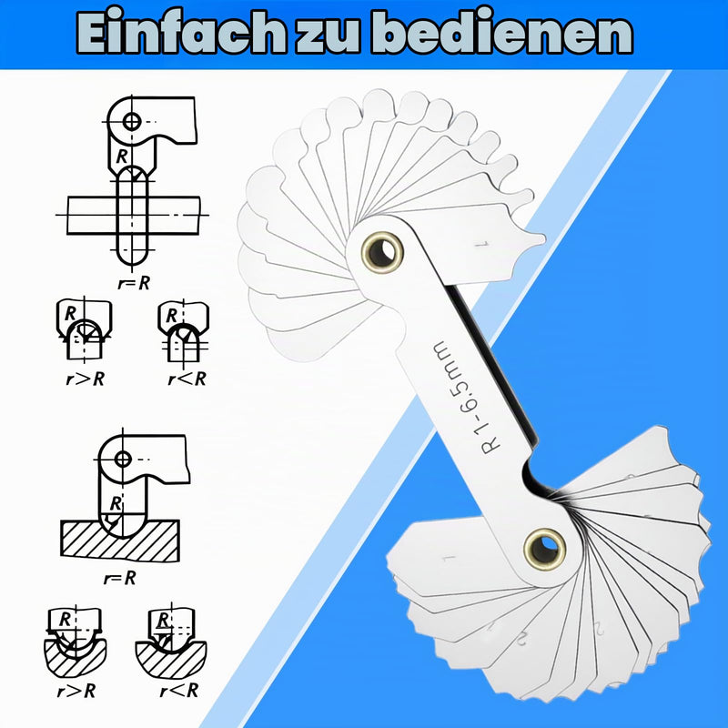 Radius Gauge Set of 6 | R0.3-1.5 / R1-6.5 / R7-14.5 / R15-25 / R25-50 / R52-100 | Radius Gauge for Convex / Concave Ideal for industry, craft and DIY