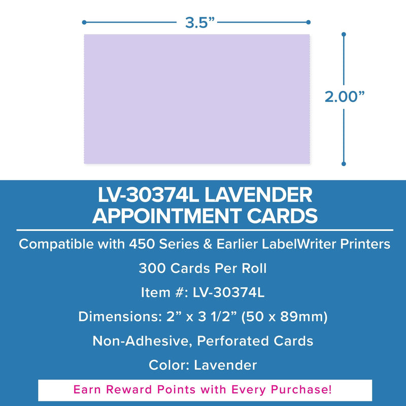 Dymo LV-30374 Compatible Lavender Appointment Cards, 2" x 3-1/2", 300 Non-Adhesive Direct Thermal Cards per Roll – Works with Dymo LabelWriter 450 Series and Earlier | LabelValue