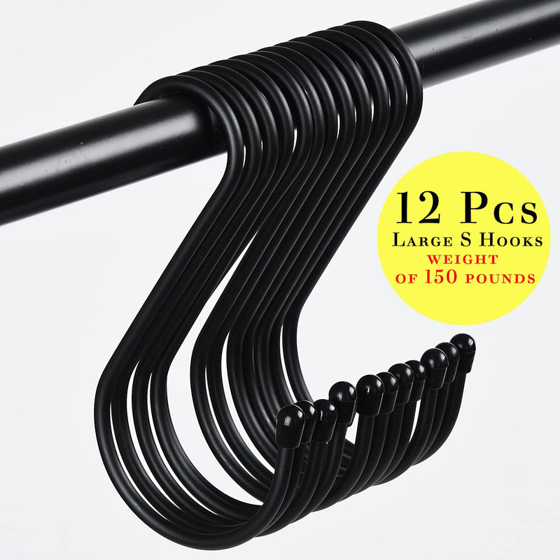 [Australia - AusPower] - 12 Pack 6 Inch S Hooks, Large S Hooks with Rubber Stopper Heavy Duty Metal S Hook, for Indoor or Outdoor, S Hooks for Hanging Plants, Birdhouse, Pan, Cups, Bags, Jewelry, Towels Black 