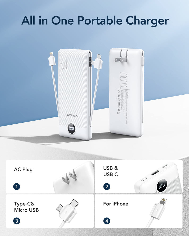 [Australia - AusPower] - VEGER Portable Charger for iPhone Built in Cables and Wall Plug, 10000mah Slim Fast Charging USB C Power Bank, Travel Essential Battery Pack Compatible with iPhones, iPad, Samsung, and More(White) B White 