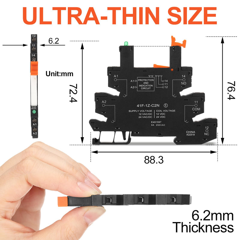 Tellegloww 10 Pcs Miniature Electromagnetic Relay 24V Coil DC/AC, PLC Signal Relay, HF41F/24-ZS 5 Pin 1NO 1NC 6Amp SPDT, Din Rail Mount (Black) Black
