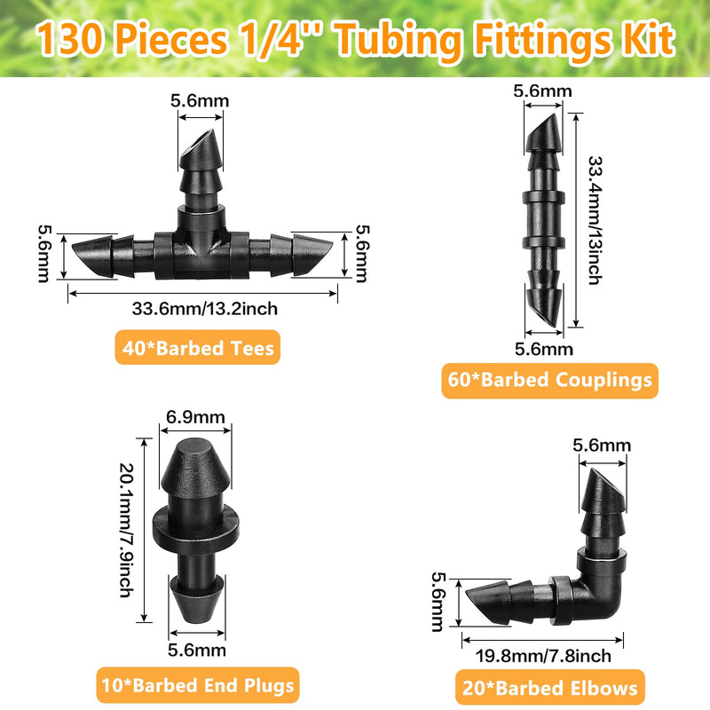 [Australia - AusPower] - 1/4 Inch Drip Irrigation Fittings Kit, 130 Pieces Drip Irrigation Parts for 1/4" Irrigation Tubing for Garden Lawn, Drip Line Barbed Connectors - 60 Couplings, 40 Tees, 20 Elbows, 10 End Plugs 4/7mm Drip Fittings Set-130P 