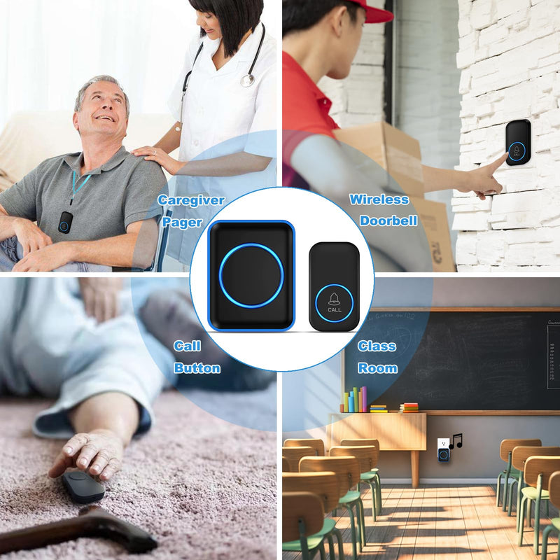 Caregiver Pager, FullHouse Wireless Call Button 1000+ Feet, SOS Alert Nurse Calling Elderly Fall Help System for Patient/Disabled Monitoring at Home, IP55 Waterproof 2 Call Buttons + 1 Plug-In Receiver Black
