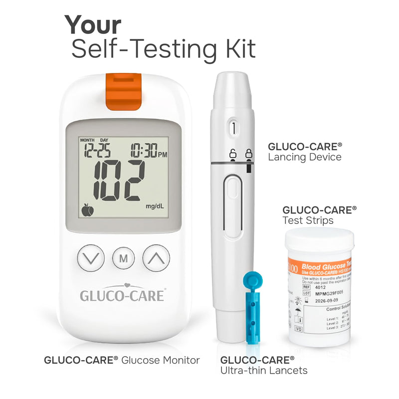 GLUCO-CARE Gluco-Care Glucose Monitor Kit - Sleek White Design, Clear Display, Auto Calibration, Glucometer Kit with Strips and Lancets, 5 Sec Results, 500 Memory, Travel Case, 1 Lancing Device, Convenient Blood Surgar Testing for Diabetes