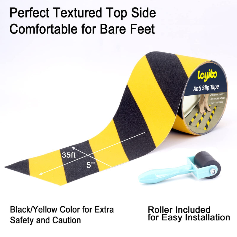 Anti Slip Tape with Roller, 5” x 35Ft, Non Slip Safety Grip Tape for Stair Step Outdoor/Indoor, Waterproof Non Skid Tape for Bathtub, Boat, Pool, Comfortable for Bare Feet, Caution Yellow/Black 5" x 35' + Roller Yellow and Black 1