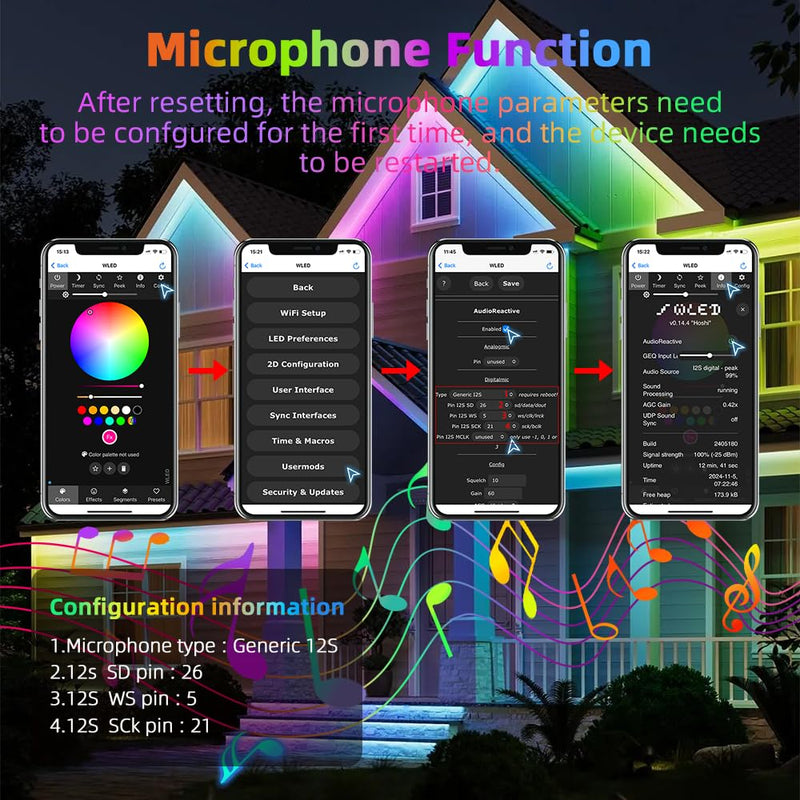 WLED Controller for Outdoor Use with Microphone, ESP32 DC 5-24V Input for Addressable RGB LED Strip WS2811 WS2812B SK6812 WS2815, IP65 Waterproof LED Strip Controller for Outdoor Use