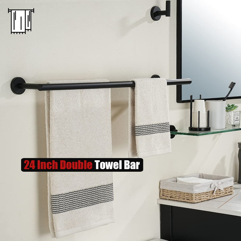 JQK Double Towel Bar 27 Inch, Matte Black Useable Length 24 Inch 304 Stainless Steel Thicken 0.8mm Bath Towel Rack for Bathroom, Towel Holder Wall Mount, TB100L24-PB
