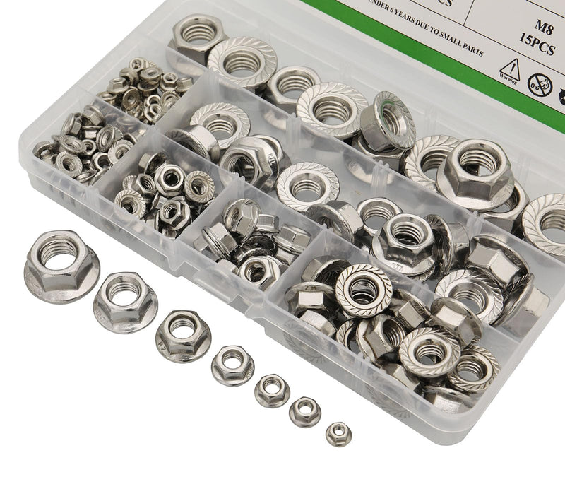 [Australia - AusPower] - 170Pcs M3 M4 M5 M6 M8 M10 M12 304 Stainless Steel Hex Flange Nuts Assortment Kit 
