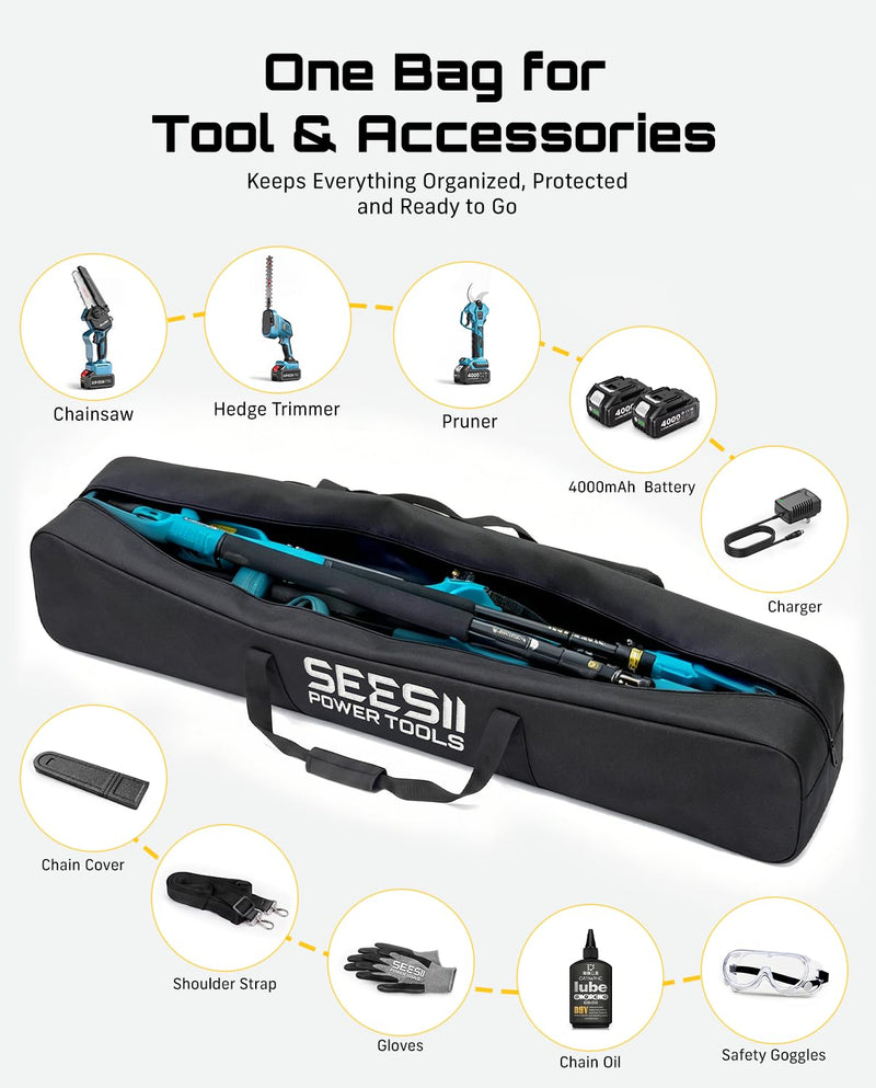 SEESII Universal 55-Inch Pole Tool Storage Bag for Detachable Pole Saws, Pole Hedge Trimmers & Pruners, Fits Collapsed Sections up to 55 in, 600D Water-Resistant Carrying Case, Black Inky Black