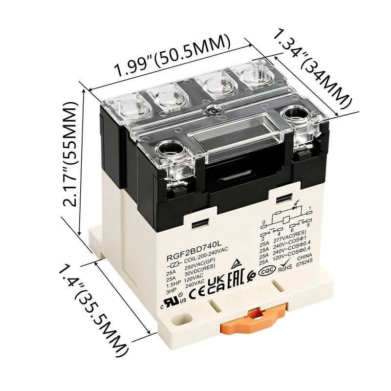 [Australia - AusPower] - 2Pack General Purpose Relay, RGF2BD740L, 25A 200-240VAC Coil Voltage, 6Pin Double Pole Single Throw Normally Open Contacts, with LED Indicator Light and Protection Cover, 35mm DIN Rail Mount 2 AC 220V 