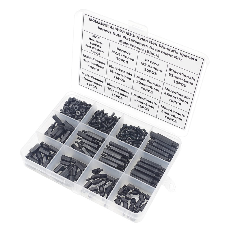 [Australia - AusPower] - 435PCS M2.5 Nylon Hex Standoffs Spacers Screws Nuts Flat Washers Assortment Kit;Male-Female(Black) 