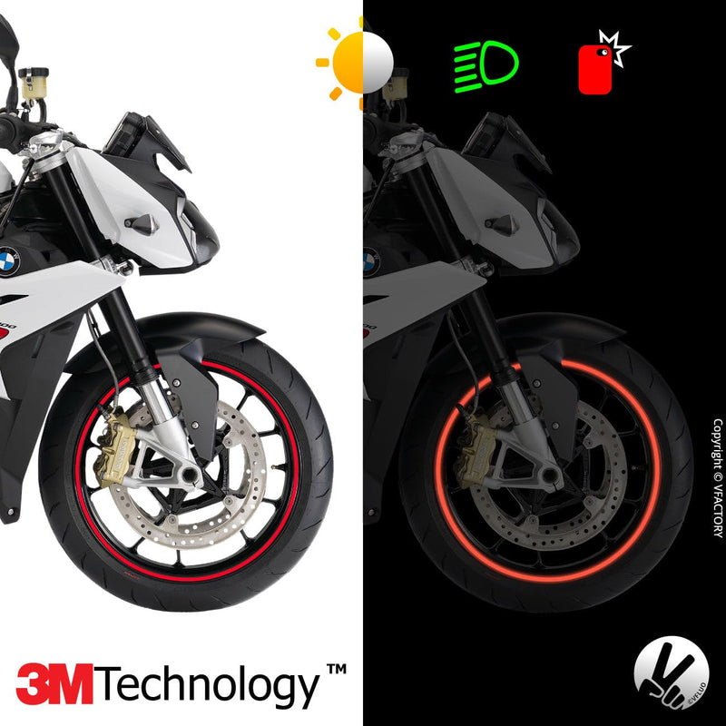 VFLUO - Motorcycle Reflective Wheel Stripes kit, 1 Wheel Rim Stickers Pack, 3M Technology™ - High lateral Visibility, Discreet and Design, Easy Installation