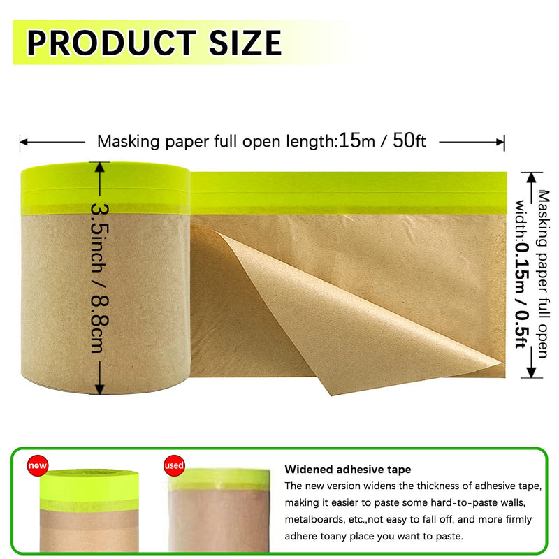 Pre-Taped Masking Paper for Painting, 6 inch x 50 feet Tape and Drape Painters Paper, Paint Adhesive Protective Paper Roll for Covering Skirting, Frames, Furniture and Auto Body (3 Rolls) Green 50ftx6in x3