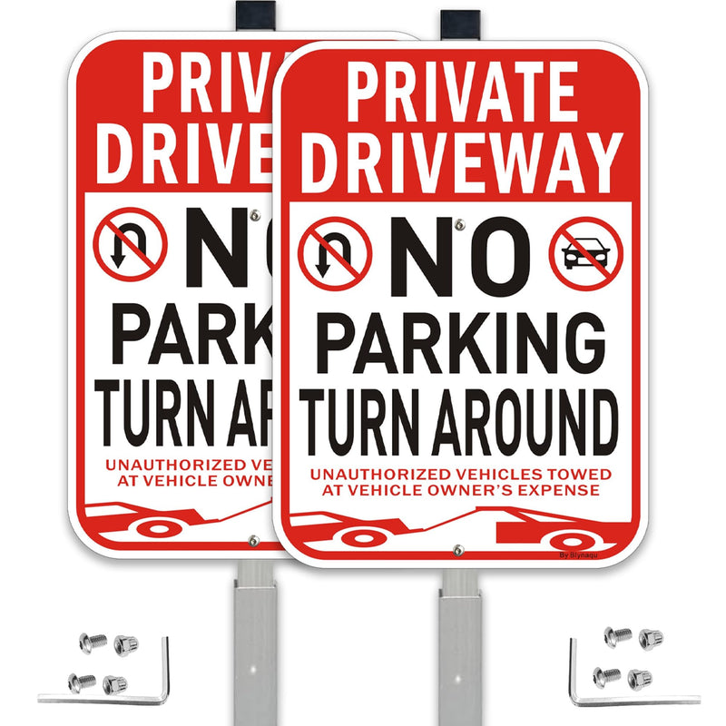 2Pack Private Driveway No Turn Around Sign, 14” x10” No Parking Signs with 36” Alloy Stake, Fade Resistant Reflective Aluminum,Waterproof, Easy to Mount 2Pack with Alloy Stake