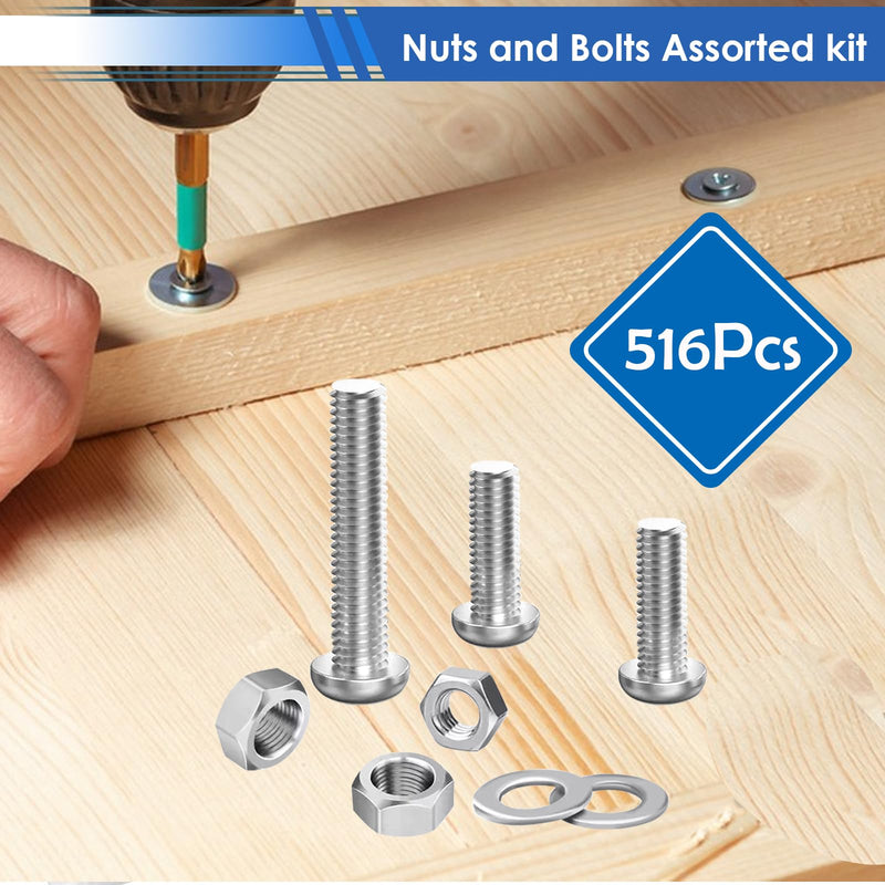 [Australia - AusPower] - smseace 516Pcs Nuts and Bolts Assortment Kit 21-Sizes M3/M4/M5/M6 Nut Bolt Washer Assortment Kit for Machinery, Furniture, Automotive, Motorcycle Repairs 