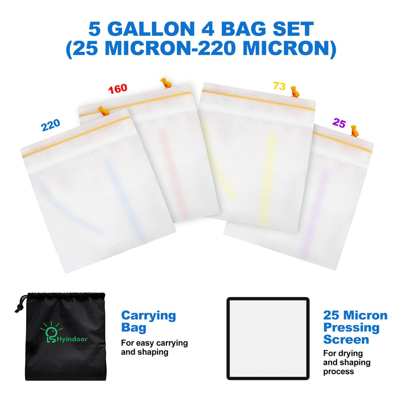 [Australia - AusPower] - Hyindoor Bubble Bags All Mesh 5 Gallon 4 Bags Set Bubble Hash Bag Ice-O-Lator Herbaceous Ice Essence Extractor Kit with Press Strainer and Carry Bag for Herb Extraction and Production of Hash 5 Gallonen 4 Beutel 
