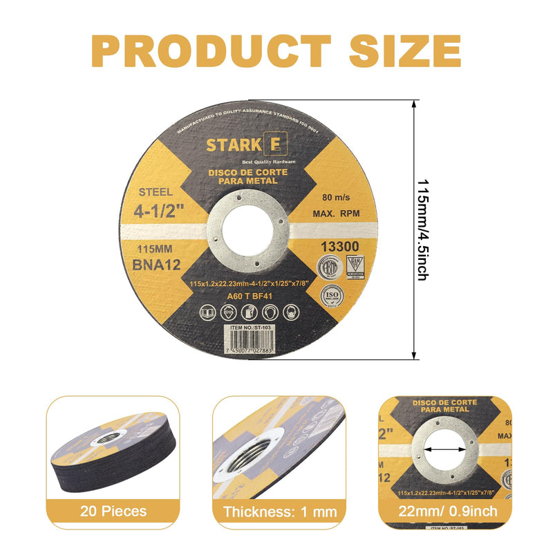 [Australia - AusPower] - Pack of 20 Extra Thin 1 mm Metal Cutting Disc, Professional 115 mm Precise Slat Discs, Fast Flap Discs for Metal Wood Steel, Universal Accessories Cutting Disc for Angle Grinders 