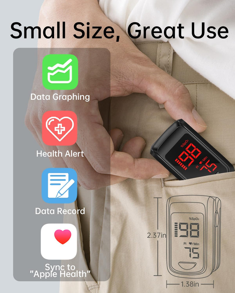 [Australia - AusPower] - Fingertip Pulse Oximeter- HOLFENRY Pulse Oximeter Bluetooth Oximeter Oxygen Saturation Monitor for SpO2/Heart Rate/PI, with Auto Graph Display/Alarm/Dedicated App, Compatible with iOS&Android Black 