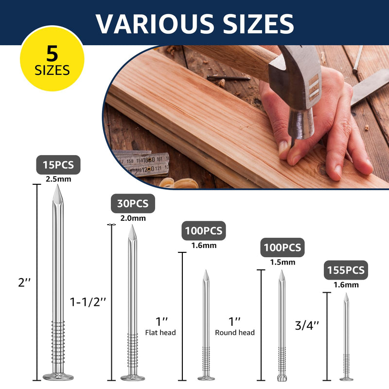 [Australia - AusPower] - 400PCS Nails for Hanging Pictures Hanging Nails for Wall Art Heavy Duty up to 2" Long, 5 Sizes Wall Nails for Hanging Small Nails Wood Nails Finish Nails Flat head Nails with Storage box 