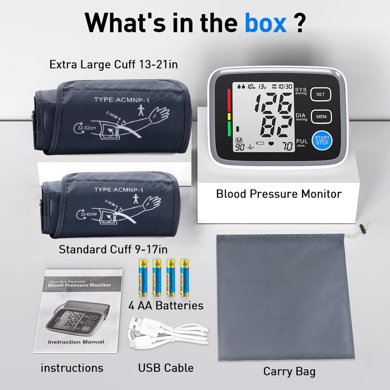 [Australia - AusPower] - Upper Arm Blood Pressure Monitor for Home Use 2 Cuff Sizes, 9-17'' & 13-21''Extra Large BP Cuff Automatic Digital Blood Pressure Machine 2 Users 180 Memories USB Cable 4 AA Batteries 1 monitor + 2 cuff sizes 
