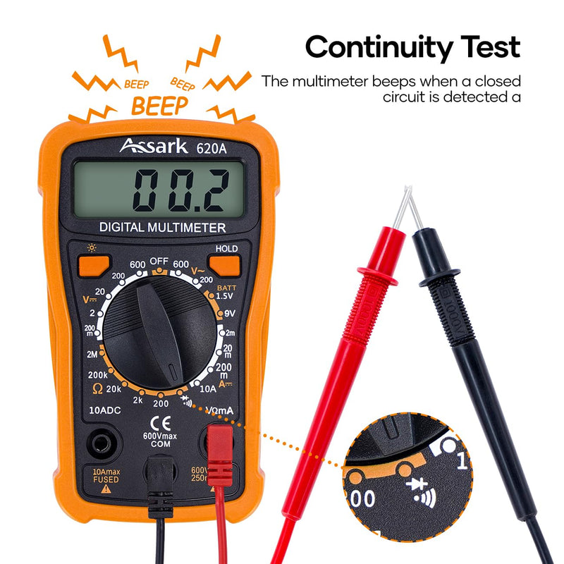 [Australia - AusPower] - Digital Multimeter Voltage Tester, Assark 2000 Counts Multimeter Measure AC DC Voltage DC Current, Meter Tester Test Volt Ohm Amp Diode Continuity,Resistance,Backlit LCD Display,Data Hold Function 