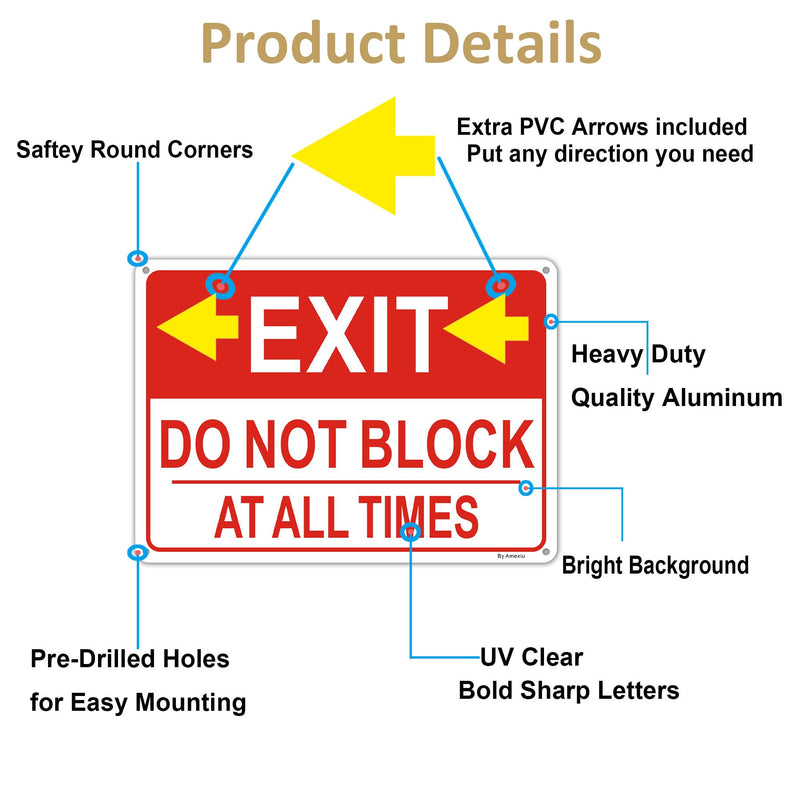 Amexiu Fire Exit Sign with Arrows, Emergency Exit Do Not Block Signs, 10 x 7 Inches, Fade Resistant&Rust-Free Aluminum,4Pack 4PACK