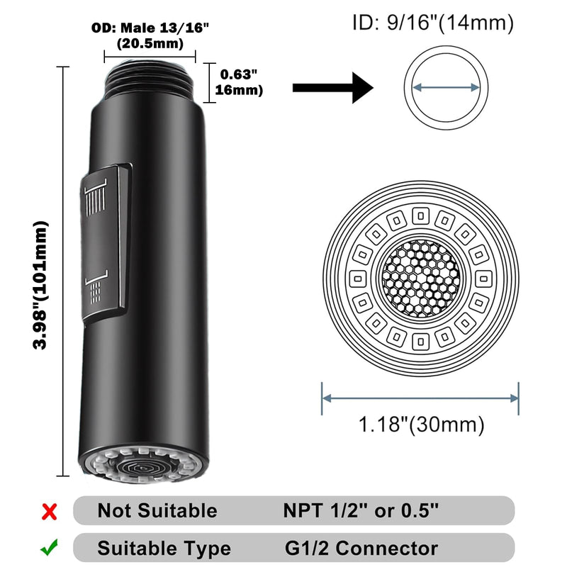 Extendable Kitchen Tap Shower Head Replacement Black 2-Way Function | Sparkling water mode and shower water mode with universal fit for all pull-out taps. Easy installation