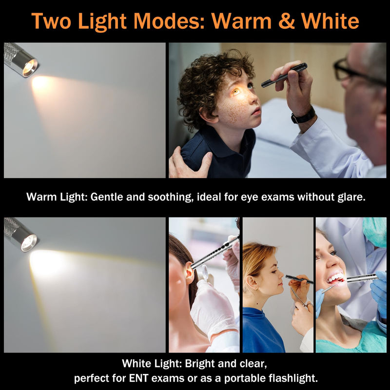 [Australia - AusPower] - RISEMART 2 Pack Pen Light for Nurse, Medical Penlight with One-Button Switch for White & Warm Light, Pupil Gauge & 5cm Ruler, Pocket Clip, Durable LED Penlights for Nursing, Doctors, Students 