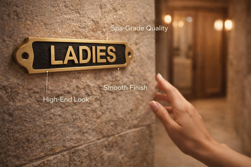 LADIES Brass with Black Door Plaque Sign | Metal Toilet Washroom Door Sign with Engraved Lettering | Wall & Door Name Plate with Mounting Screws for Home Office Shop | 22 x 5 cm | LADIES