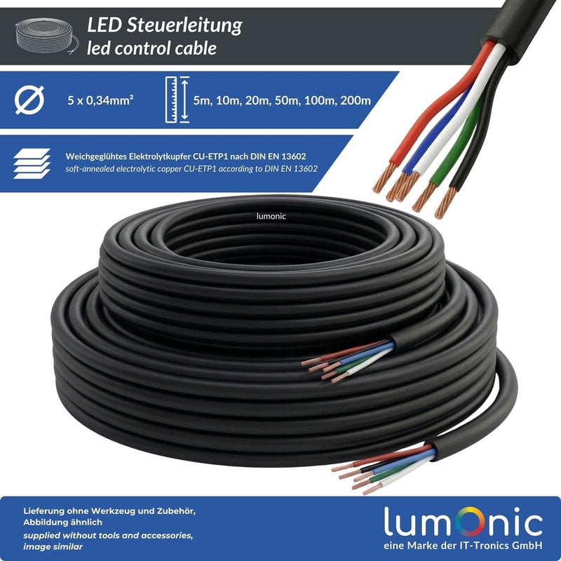 Lumonic 5 x 0.34 mm² RGBW LED Control Cable, Black, 5 m, Sleeved 5-Core Cable, Flexible, LiYY Extension, Power Cable, LED Cable, Control Cable 5 metres