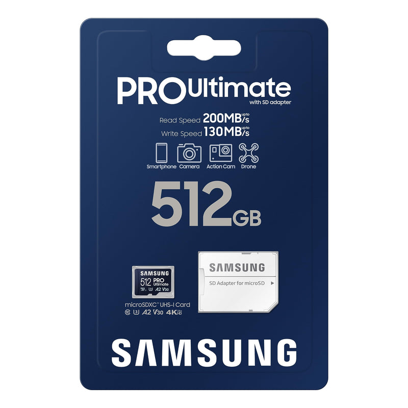 [Australia - AusPower] - SAMSUNG PRO Ultimate microSD Memory Card + Adapter, 512GB microSDXC, Up to 200 MB/s, 4K UHD, UHS-I, Class 10, U3,V30, A2 for GoPRO Action Cam, DJI Drone, Gaming, Phones, Tablets, MB-MY512SA/AM Micro SDXC PRO Ultimate (200MB/s) 