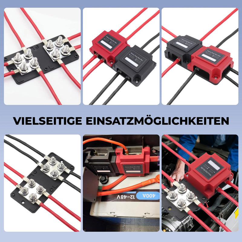 8 x M8 Busbar Power Distribution 12 V 24 V 48 V DC 400 A Battery Connection Block High Current Distribution Strip for Car Caravan Boat Truck Solar System Power Supply with Red and Black Lid