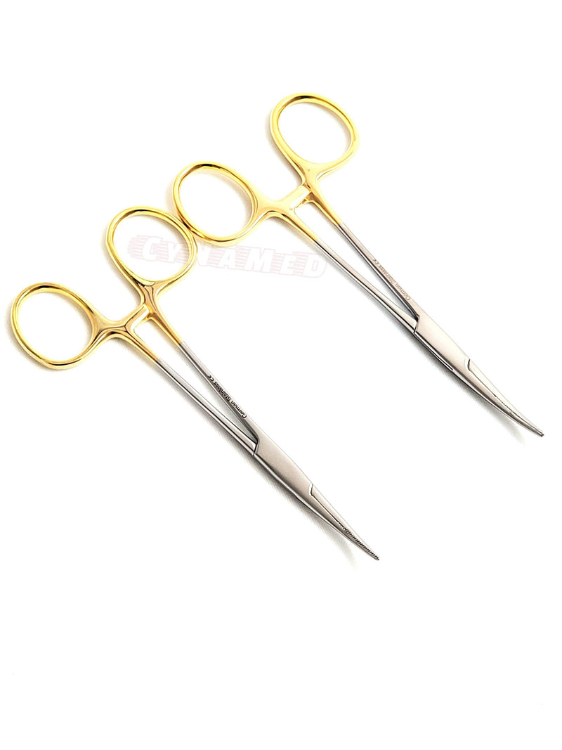 [Australia - AusPower] - Premium German Stainless- Set of 2 PCS Gold Handle Mosquito Locking HEMOSTAT Forceps Straight + Curved 5"-Cynamed 
