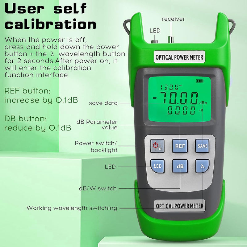 [Australia - AusPower] - Fiber Optical Power Meter with SC FC Connector, -70~10dBm, 10 Optic Wave Length, Optic Test Equipment for CCTV Communication Engineering (Green) Green 1 