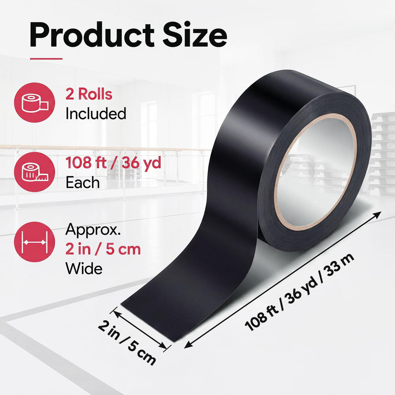 Pangda 2 Rolls Dance Floor Vinyl Tape 36 yd x 2 in Durable Tape Splicing Strong Adhesion No Residue for Gym Dance Room Restaurants Kitchen Floor Safety Marking(Black) Black