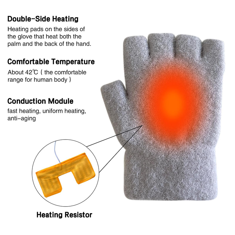 [Australia - AusPower] - Women's & Men's USB Heated Gloves Mitten Full & Half Fingerless Winter Hands Warmer Laptop Gloves Colorful Grey 