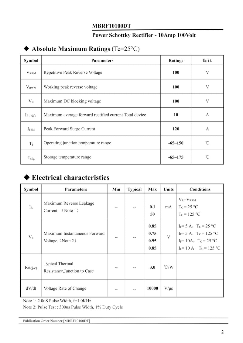 (Pack of 10) MBRF10100DT (MBRF10100CT MBRF10100 MBR10100) 10A 100V TO220F Plastic Encapsulated Power Schottky Rectifier MBRF10100DT(10A 100V)