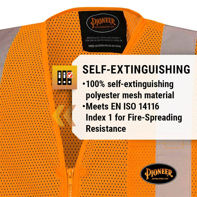 Pioneer Hi Vis Self-Extinguishing FR Safety Vest for Men & Women - Flame Resistant Mesh with Reflective Tape - Class 2 X-Large Orange