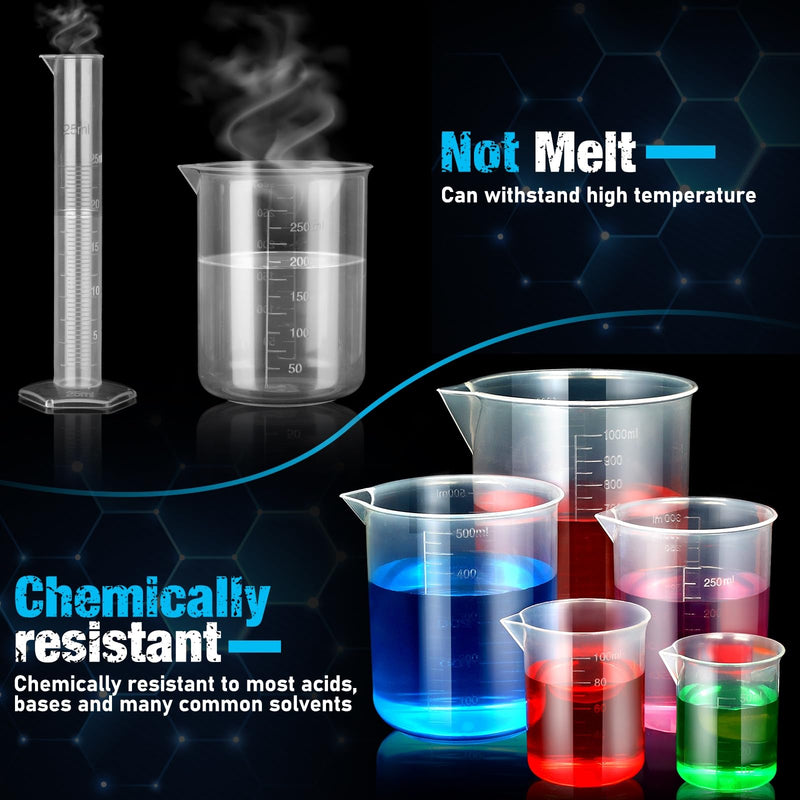 [Australia - AusPower] - moveland Plastic Graduated Cylinders and Beakers with 5 Pipettes, 10ml 25ml 50ml 100ml Cylinders, 50ml 100ml 250ml 500ml 1000ml Beakers, Ideal for DIY and Kids Science Lab 