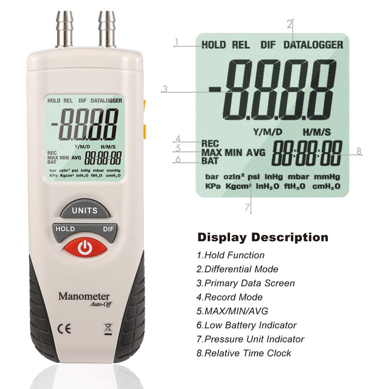 [Australia - AusPower] - Digital Manometer, Dual Port Air Pressure Meter Pressure Gauge HVAC Gas Tester, Differential Pressure Manometer with 5/16 Inches Diameter Pressure Port, Hti-Xintai 5/16 Inches Diameter Port 