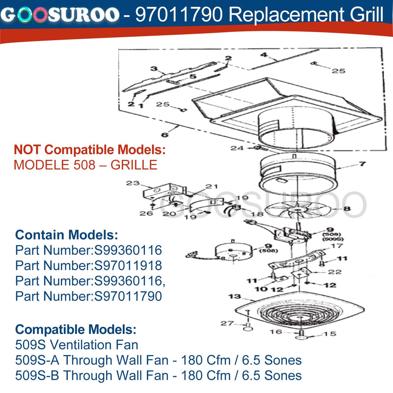 UPGRADED 97011790 Grille Compatible with Nutone Broan Wall Fans 509s，509S-A, B Wall Fans Kits，OEM SIZE and Color，Knob Threads and Screws Have Been Strengthened，Lifespan is at least twice that of OEMs 97011790(Perforated version)