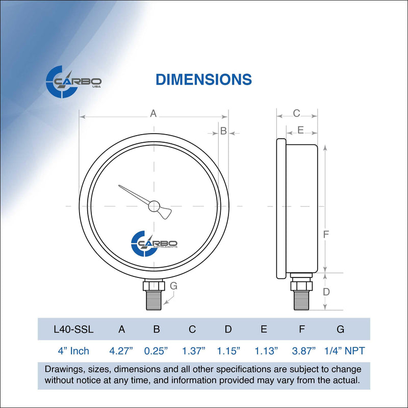 [Australia - AusPower] - 4" Pressure Gauge, Stainless Steel Case, Chrome Plated Brass Connection, Lqiuid Filled, Vacuum -30 Hg/0, Lower Mount 1/4" NPT -30 inHg 