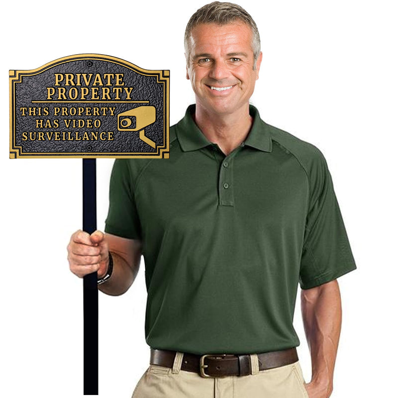 Private Property - This Property Has Video Surveillance Statement Plaque,Home Security Camera Sign with Stakes, Heavy-duty Material, Golden Embossed Letters, 11.5"×7.5” with 31.5" Post