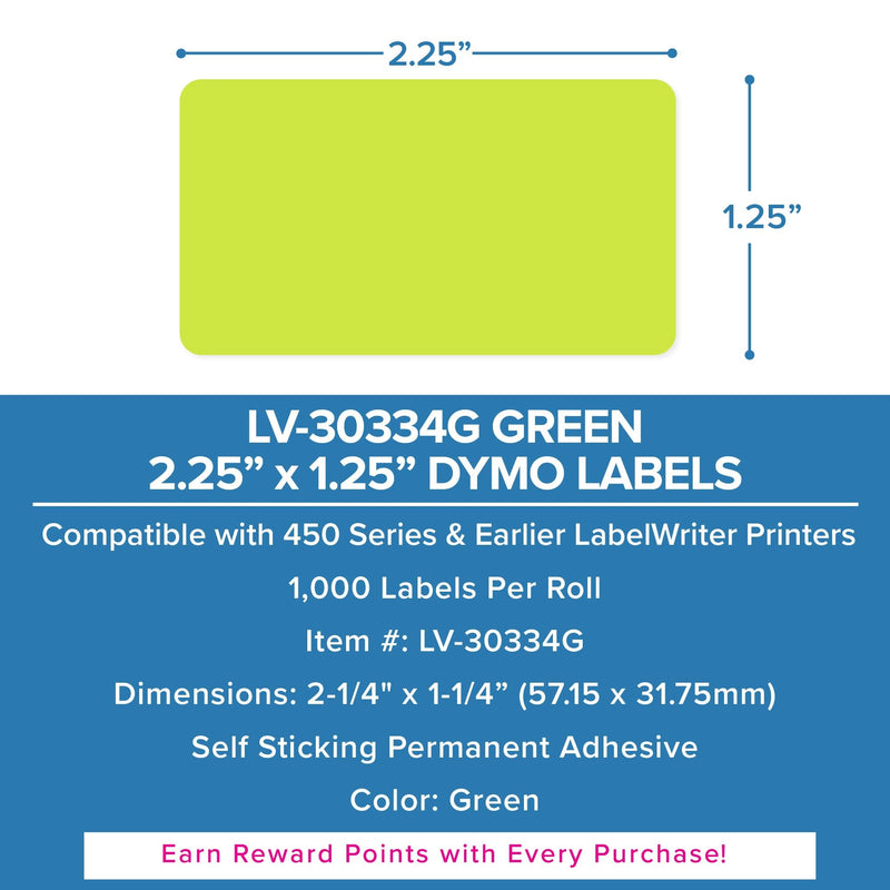 LabelValue | LV-30334G Green Multipurpose Direct Thermal Labels - 2-1/4" x 1-1/4", Permanent Adhesive - Compatible with LabelWriter 450 Series and Earlier Printers