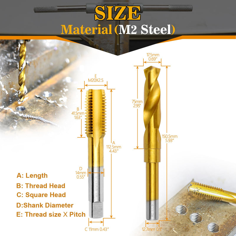 M20x2.5 Tap and 17.5mm Drill Bit Kit, M2 HSS Metric Drill and Tap Set, Combination of Drill and Tap Kit for Metal M20 x 2.5 Tap - 17.5mm Drill Tap and Drill Bit Kit