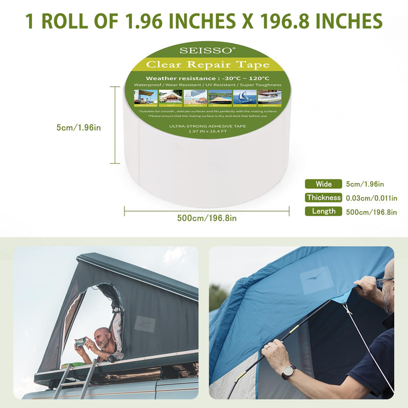 SEISSO Clear Repair Tape, Waterproof Canvas Patch Vinyl Repair Tape for RV Awning Tents Covers Fabric Camping Sail Boat Umbrellas Bimini Tops -16.34FT x 1.97 Inches, 1 Roll