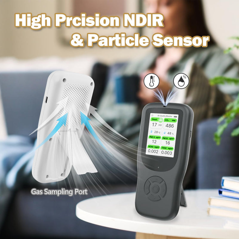 [Australia - AusPower] - 11-in-1 Air Quality Monitor - Portable Indoor Air Quality Detector with Stand, Real-Time Test for AQI, CO2, PM2.5, PM1.0, PM10, TVOC, HCHO, Particles, Temperature & Humidity with Aler (Black-White) Black-White 